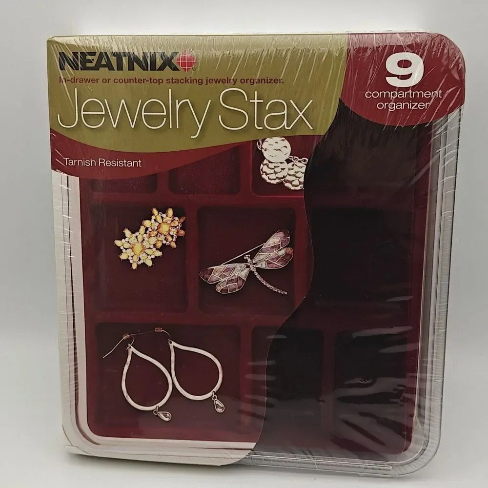 NEATNIX Jewelry Stax 9 Compartment Tray Organizer Burgundy Tarnish Resistant NEW